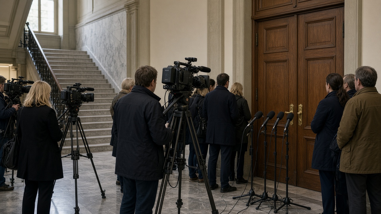 Journalists waiting outside a meeting room in the parliament building