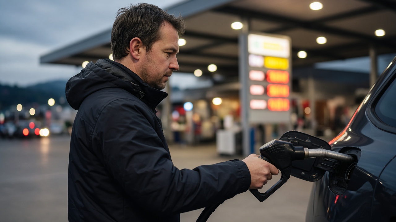 A driver refuelling a car at a Swiss service station in the evening