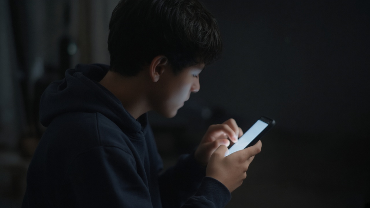 A teenager holding a glowing smartphone in a darkened room, face turned away