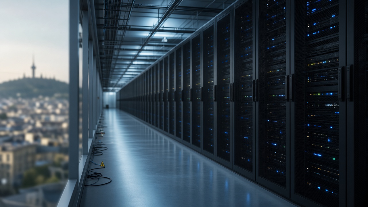 A data centre corridor with rows of server racks