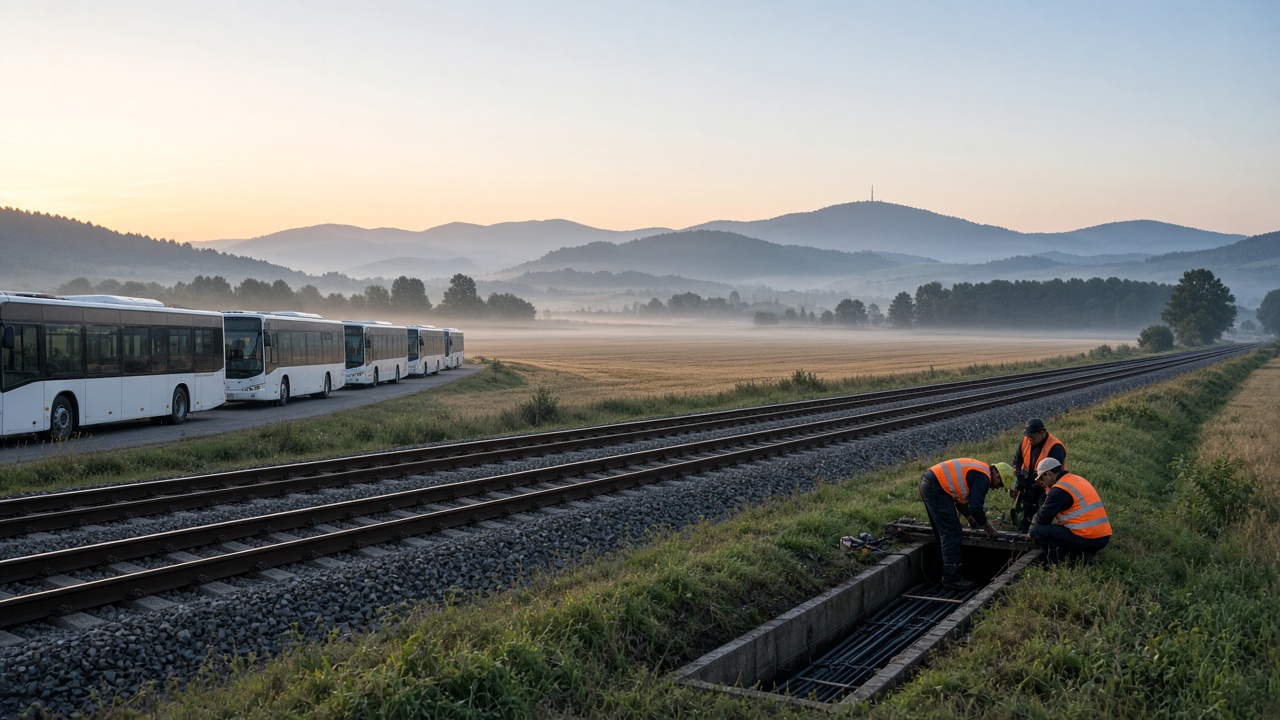 Replacement buses parked beside a closed railway line at dawn