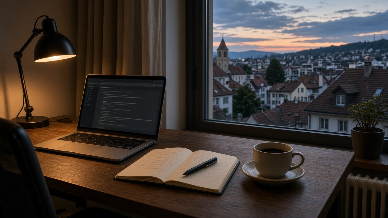 A laptop on a home office desk beside a tall window at dusk