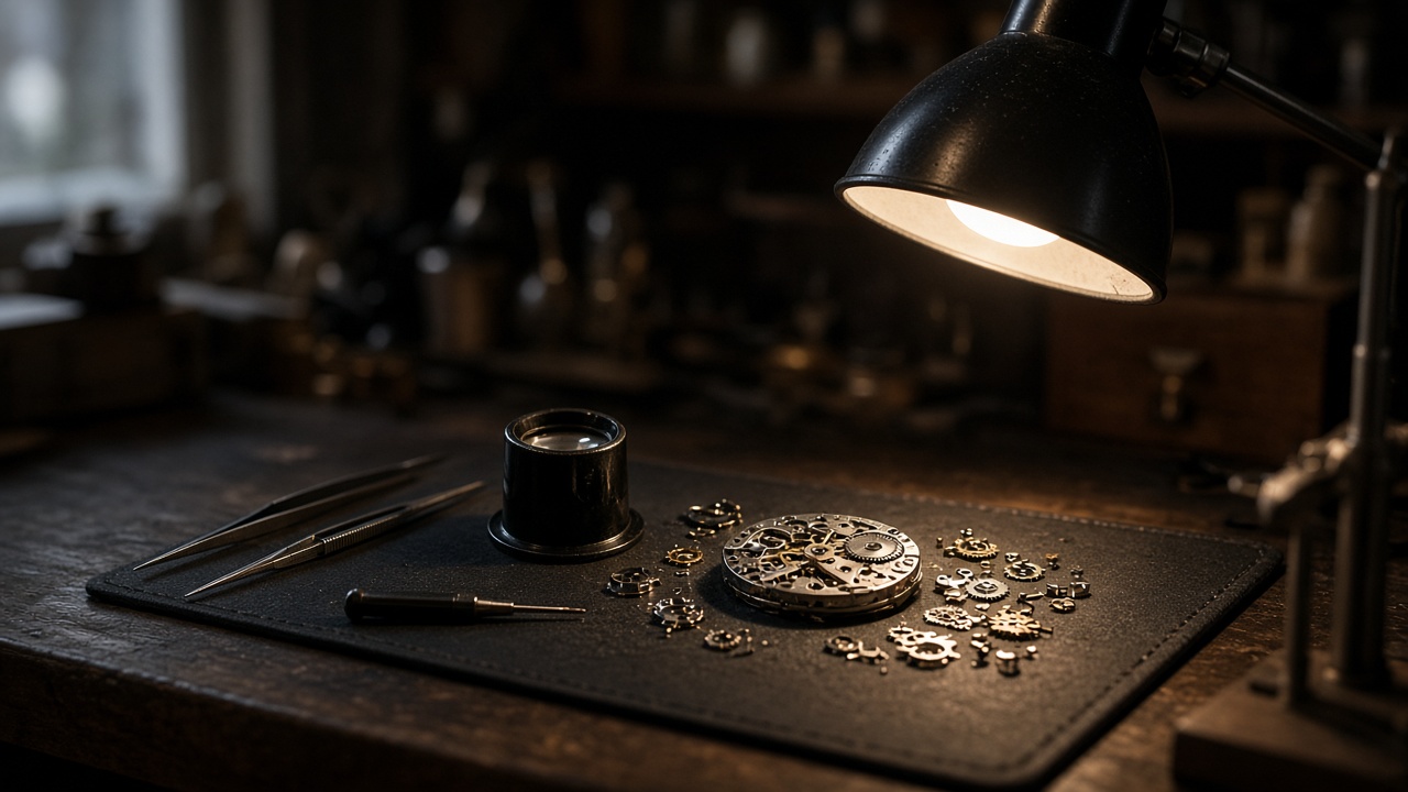 A watchmaker's workbench with a disassembled mechanical movement