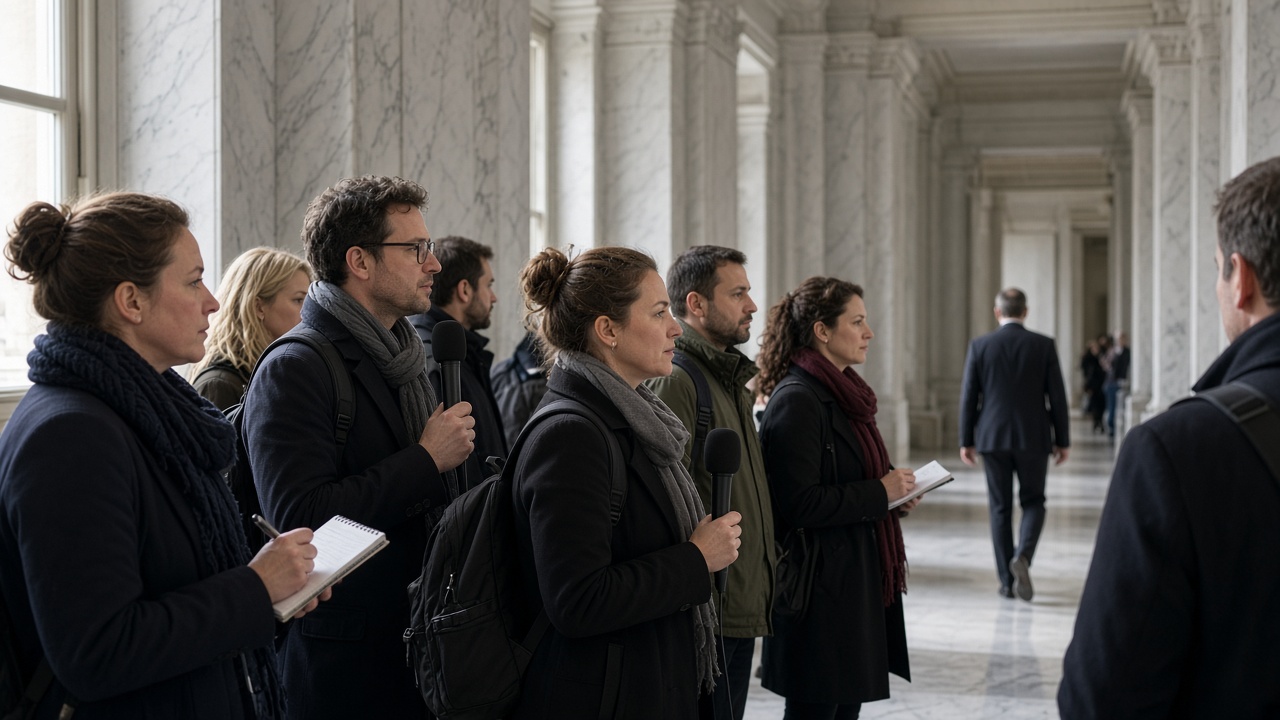 Journalists with microphones waiting in a marble corridor of the Federal Palace in Bern