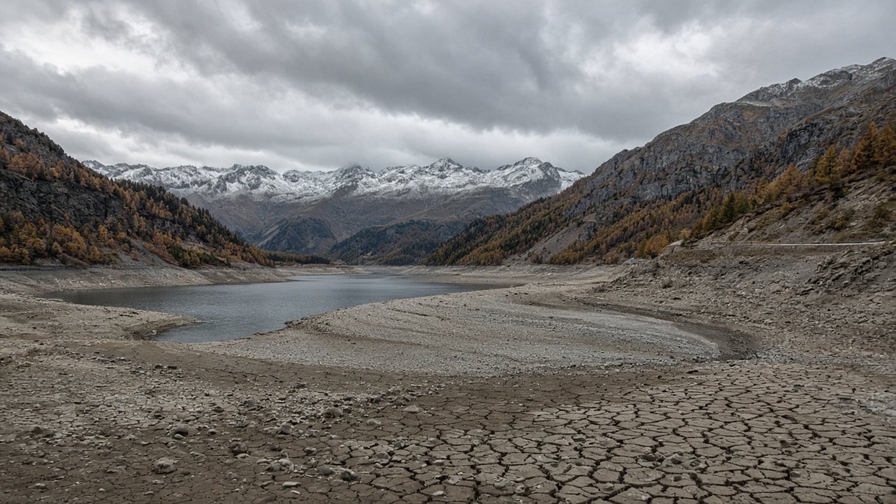 A Swiss alpine reservoir with a very low water level and cracked dry shore