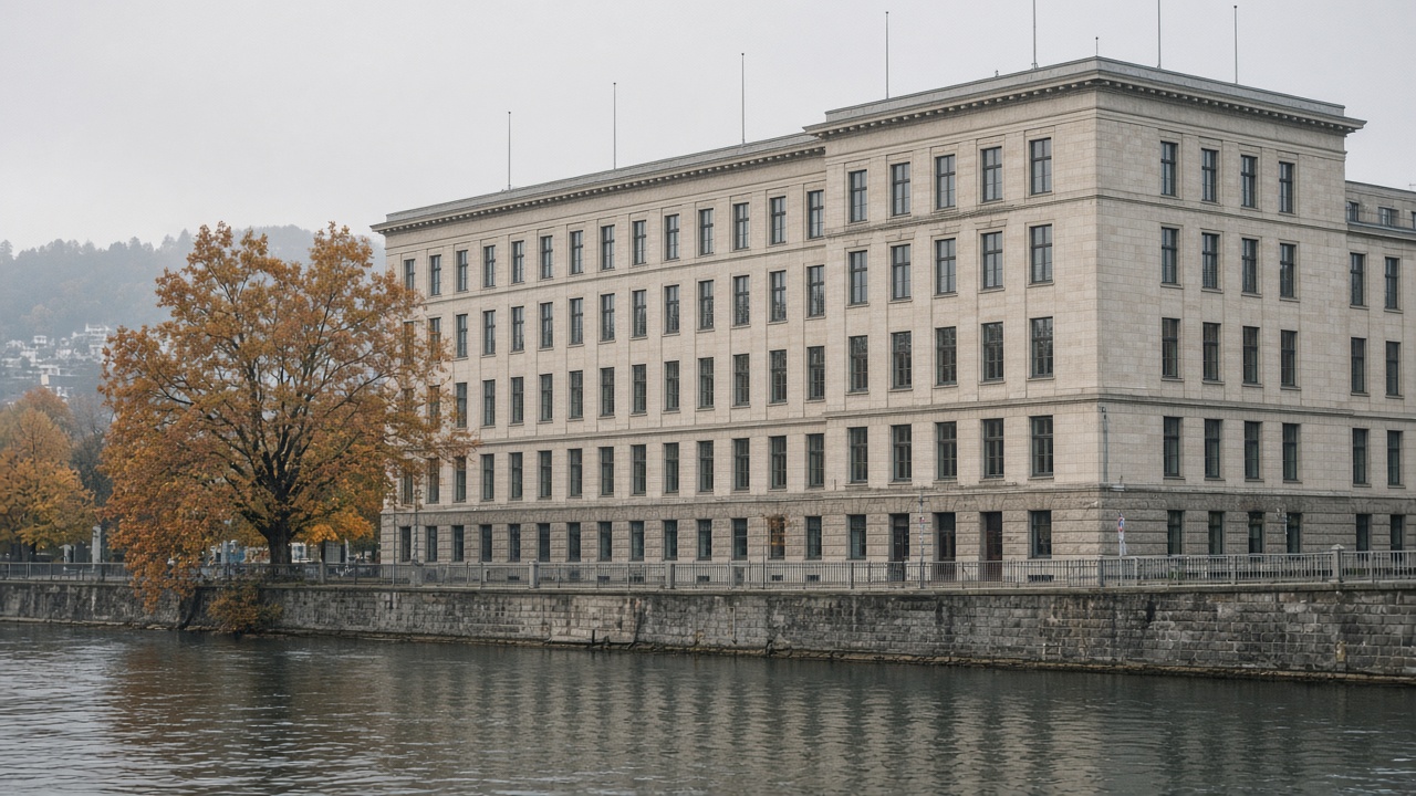 The Swiss National Bank building beside the river in Zurich