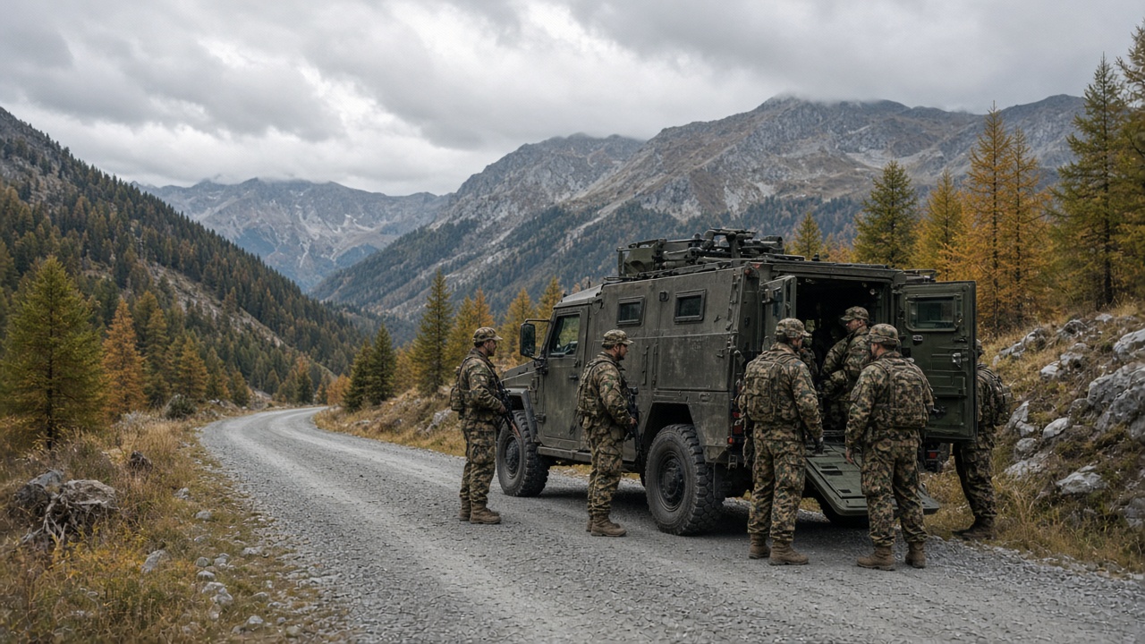 Swiss soldiers and an armoured vehicle in the Alps
