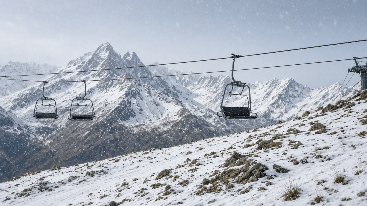 A chairlift above early season snow on a Swiss piste with high peaks in the background
