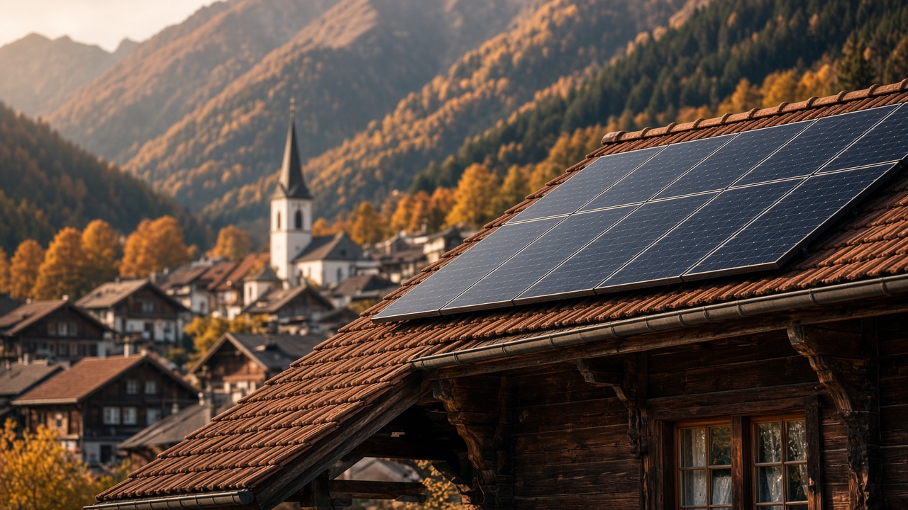 Rooftop solar panels on a traditional Swiss house