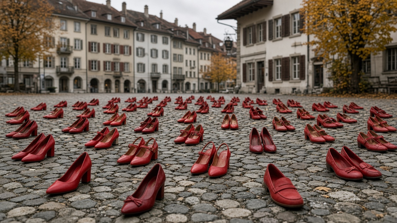 Rows of red women's shoes on a cobblestone square with a Stop Violence banner behind them