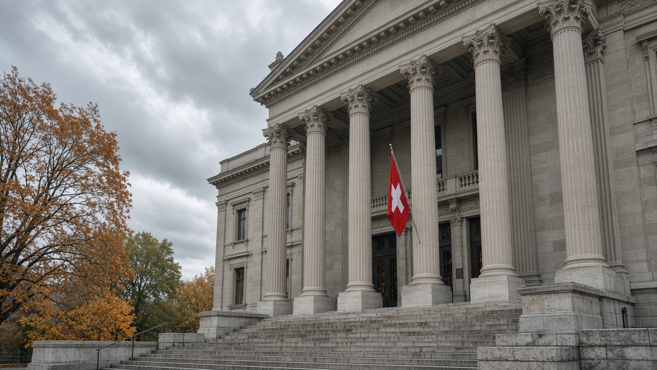 The stone columns and steps of the Federal Supreme Court building in Lausanne under an overcast sky