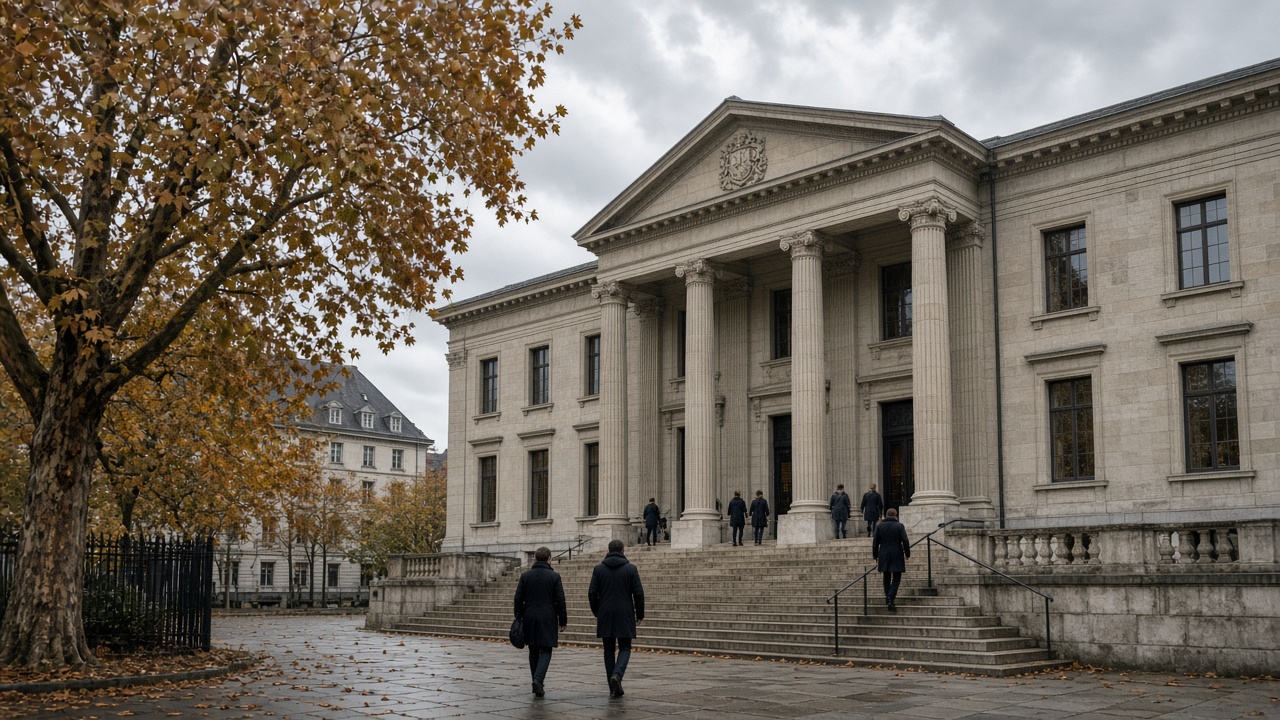 A pale stone Swiss courthouse with columns and autumn trees under an overcast sky