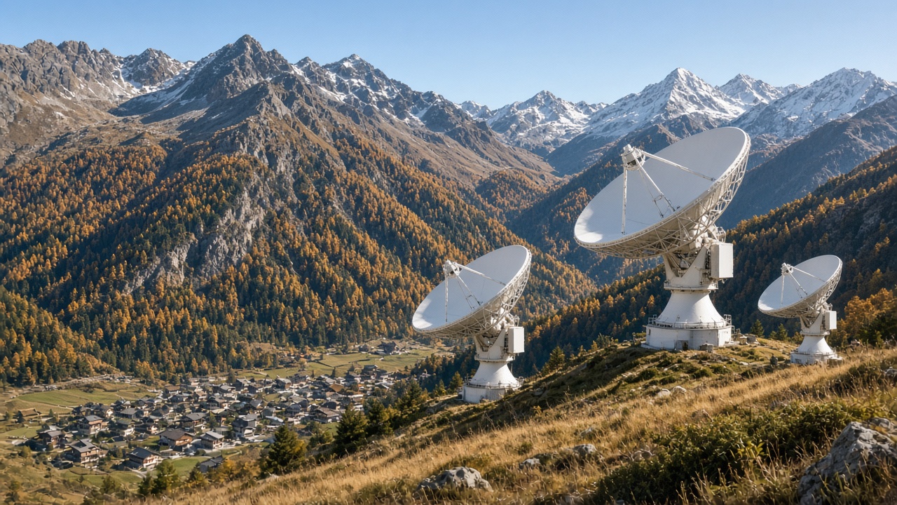 Satellite antennas on an alpine slope above a Valais village