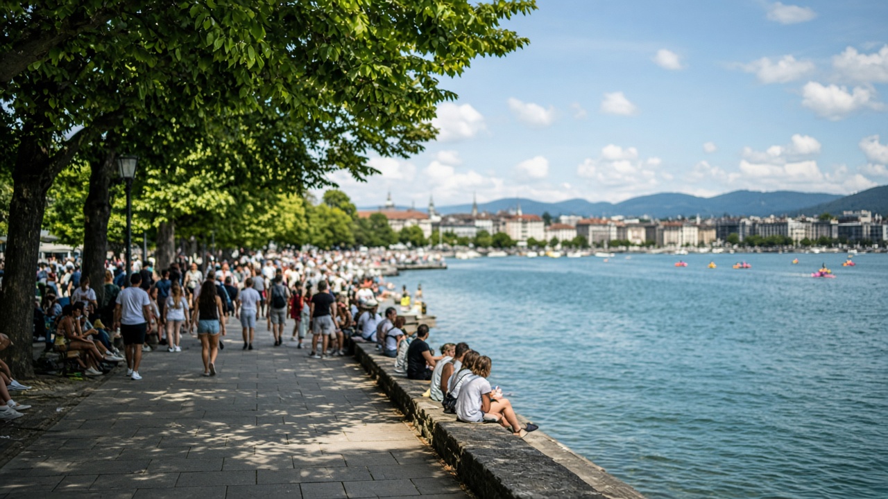 Crowds along Lake Zurich on a summer afternoon