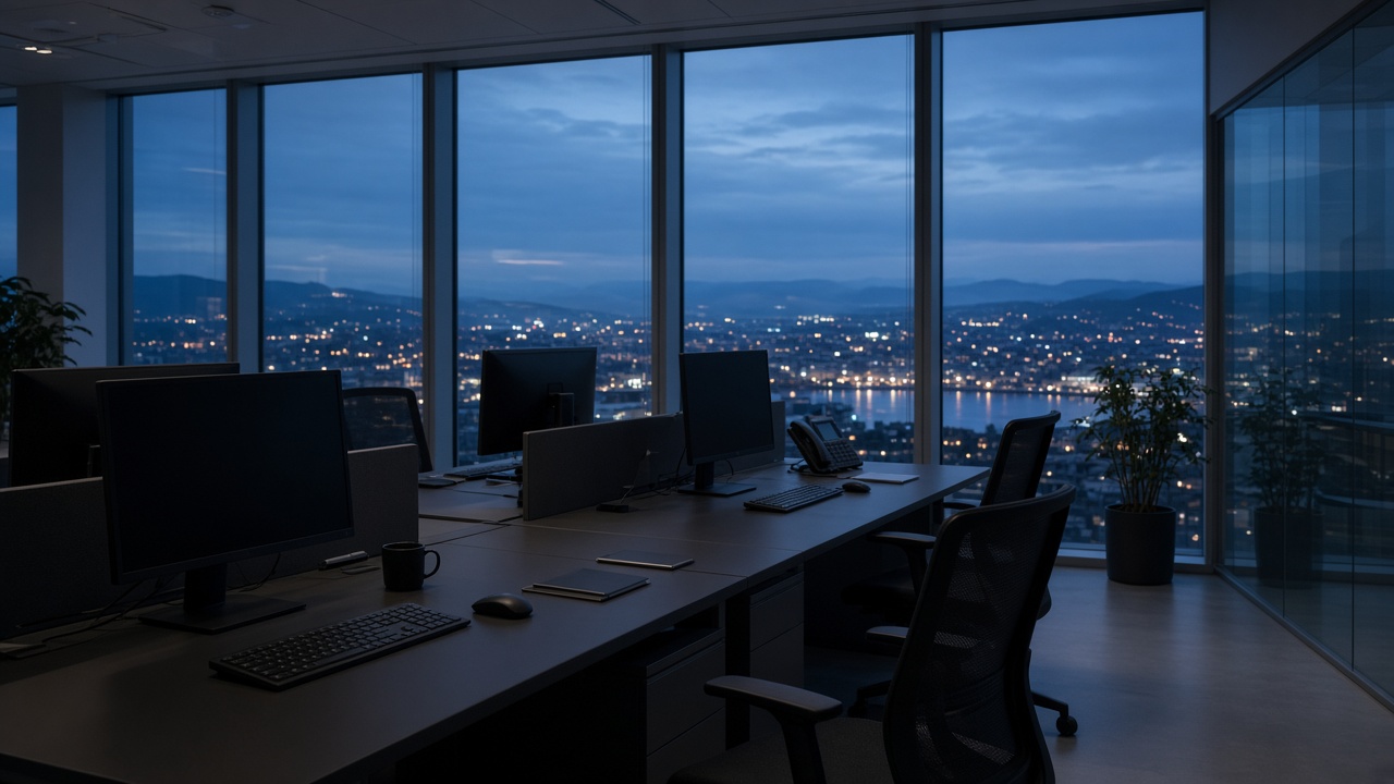 A modern glass office after hours with rows of empty desks and blank monitors