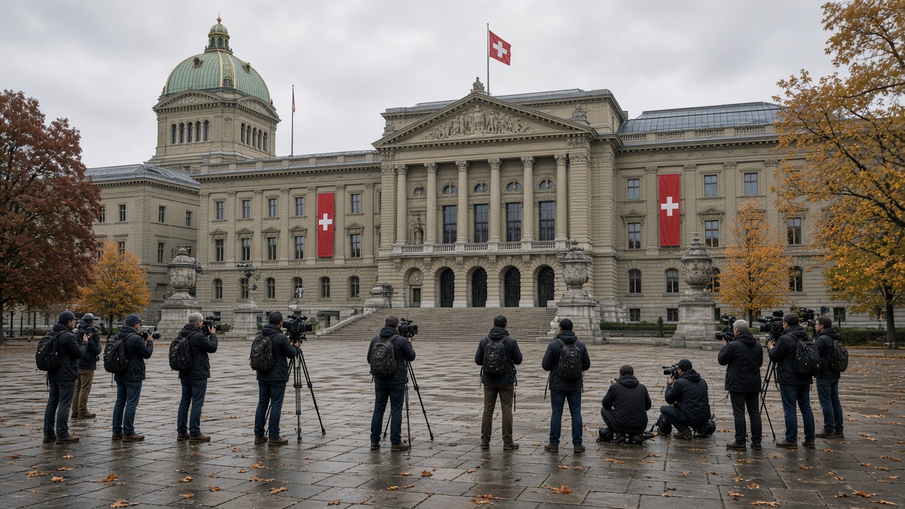 The Federal Palace in Bern on an overcast autumn day with journalists waiting on the square