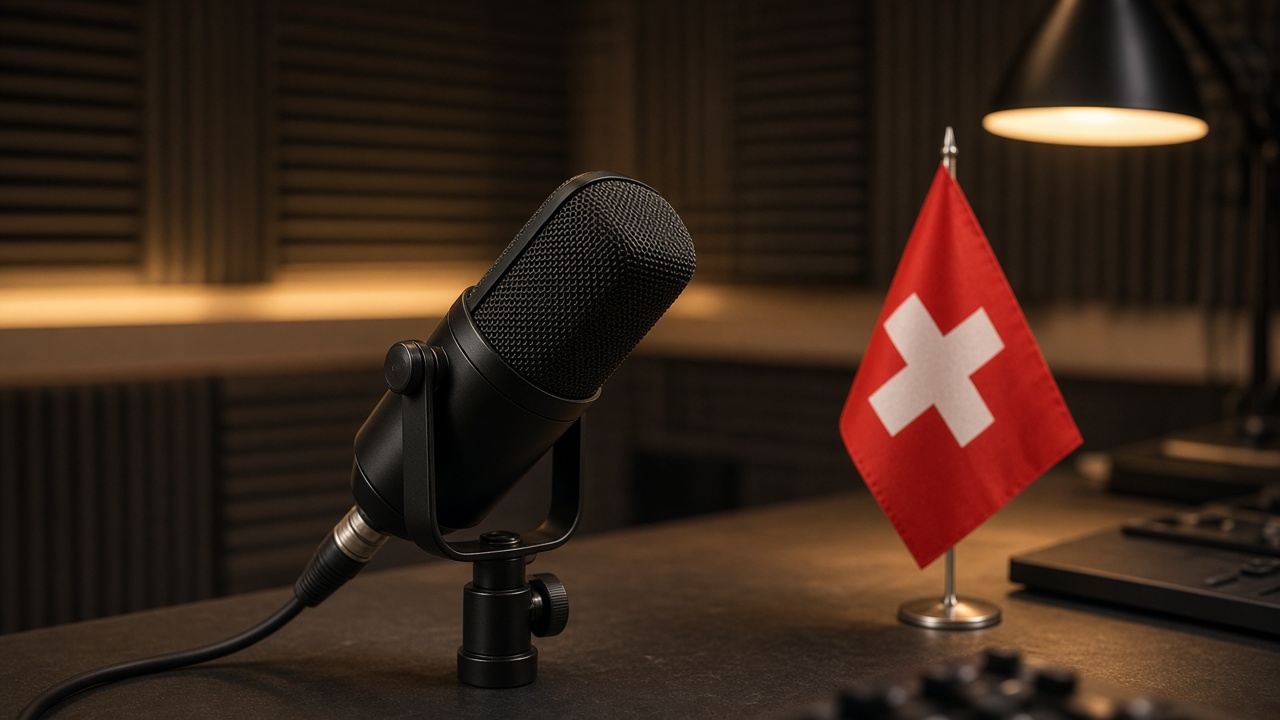 A radio studio microphone in front of a small Swiss flag