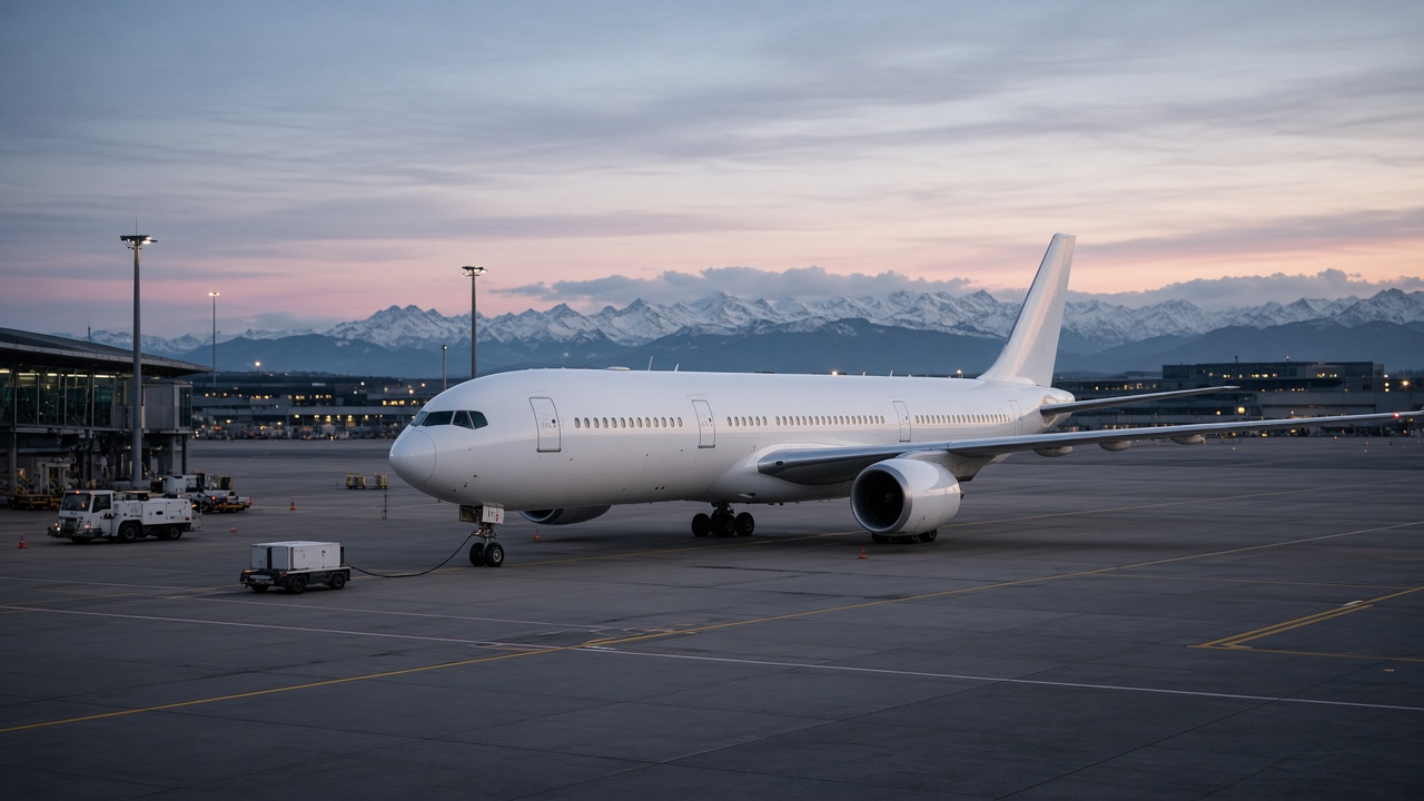 An unmarked wide-body passenger jet parked at a quiet gate at dusk with mountains on the horizon