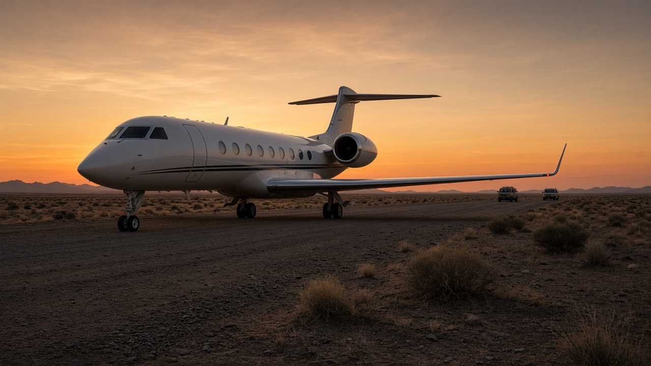 A white government aircraft on a remote desert airstrip at dusk with support vehicles nearby