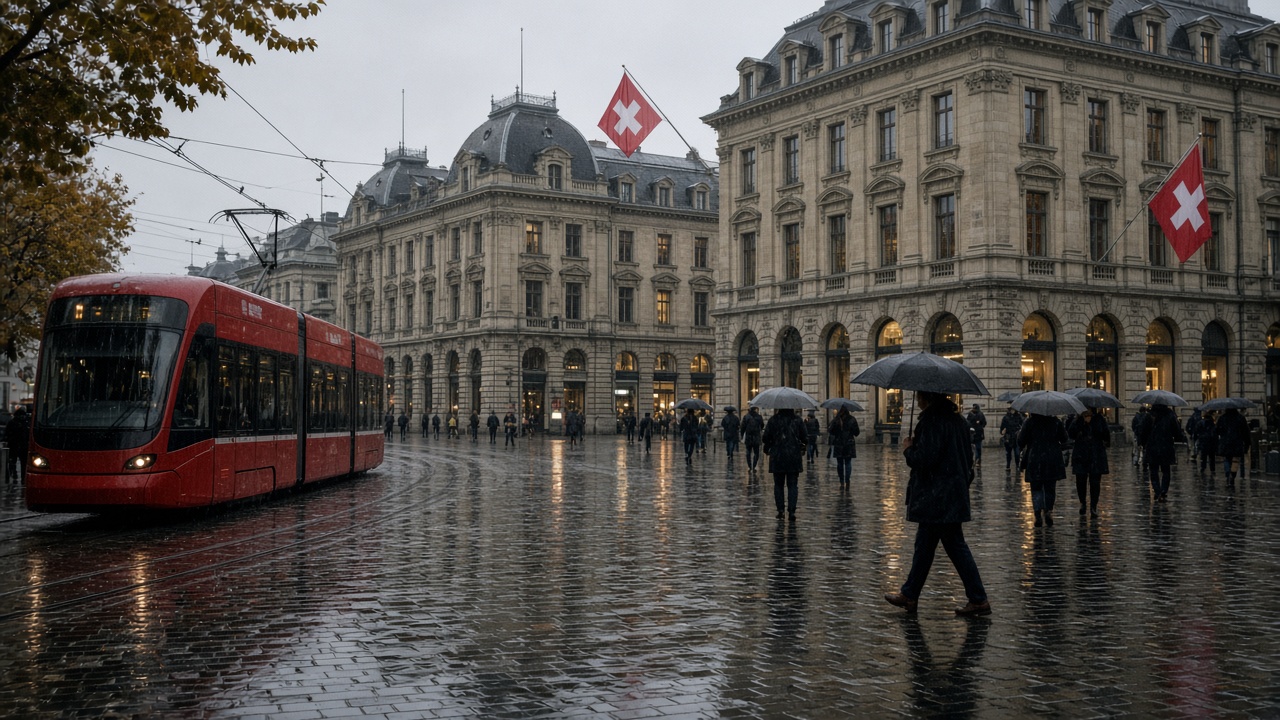 Paradeplatz in Zurich on a rainy autumn morning
