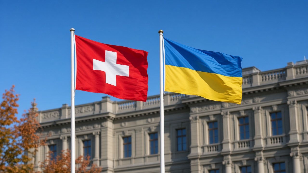 The Swiss and Ukrainian flags flying side by side