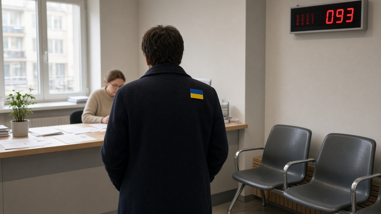 The waiting area of a Swiss cantonal social services office with a counter and paper forms