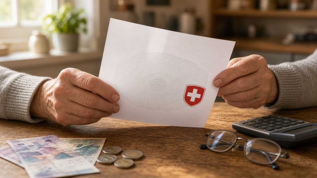 An AHV pension statement, Swiss franc notes and a calculator on a kitchen table