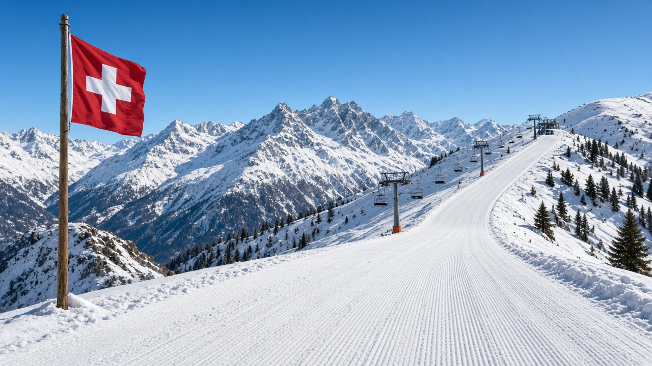 A groomed ski piste with a Swiss flag and chairlifts under a clear winter sky