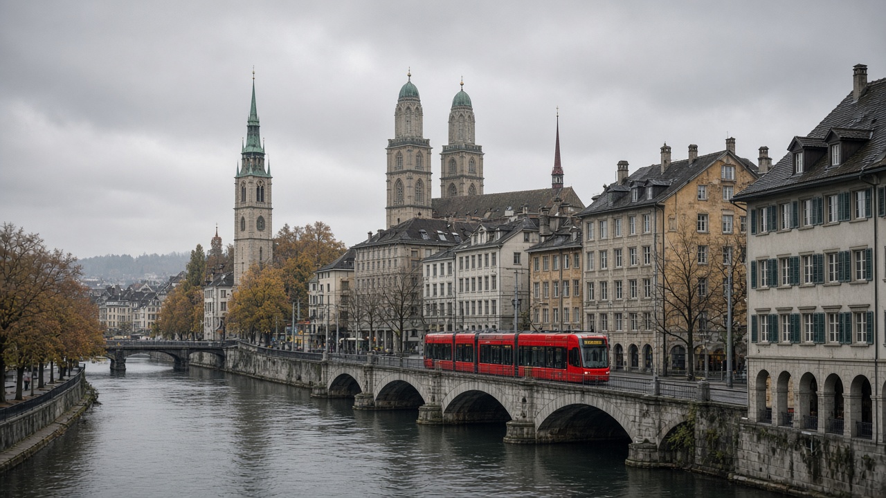 Zurich's old town and the Limmat river on a grey autumn morning