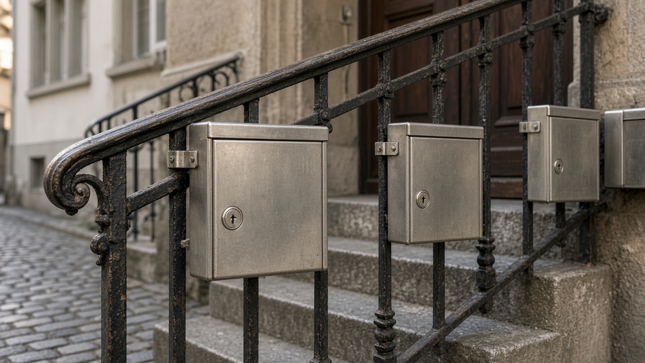 Metal key lockboxes fixed to the stair railing of an old townhouse entrance in Zurich's old town