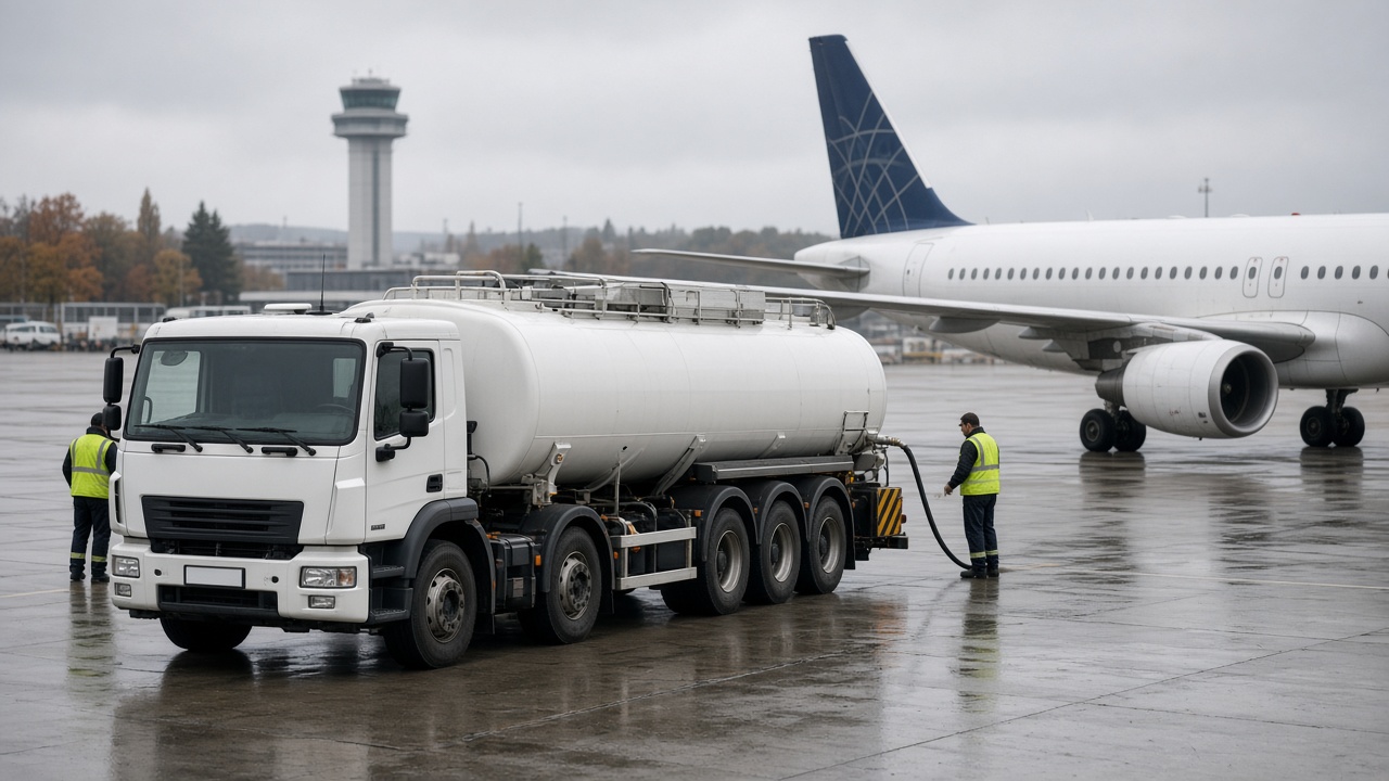 A fuel tanker truck beside a passenger aircraft on the apron at Zurich Airport