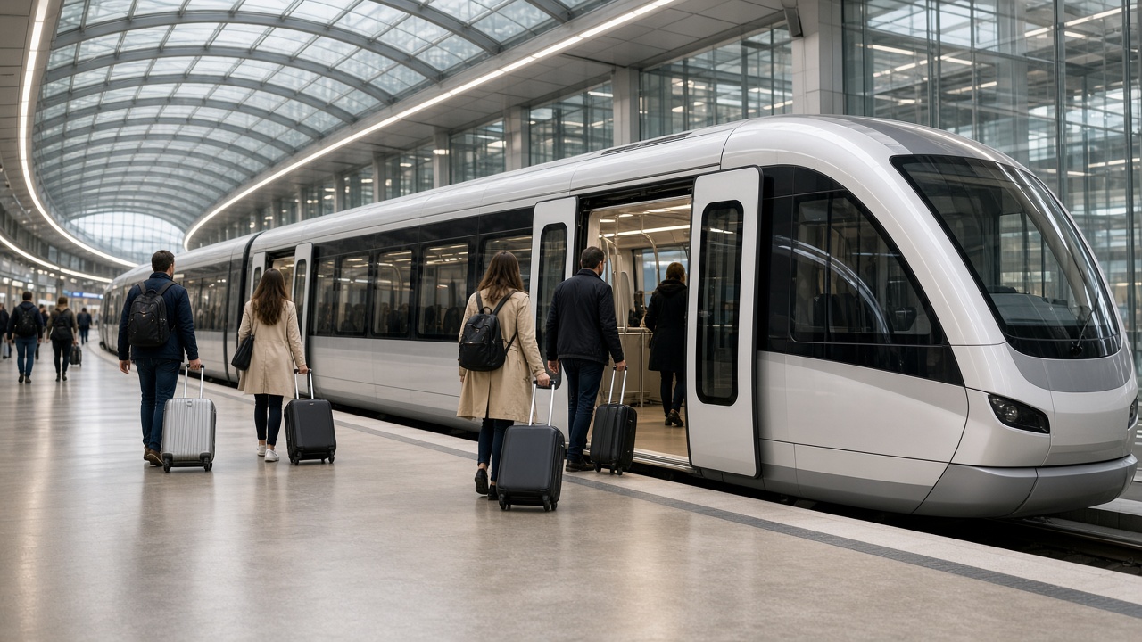 A modern driverless shuttle train at an underground station inside Zurich Airport