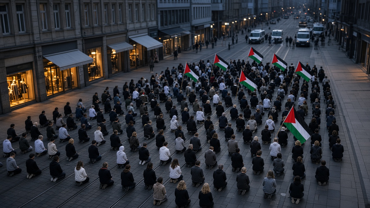 Demonstrators kneeling for a minute of silence on Bahnhofstrasse in Zurich