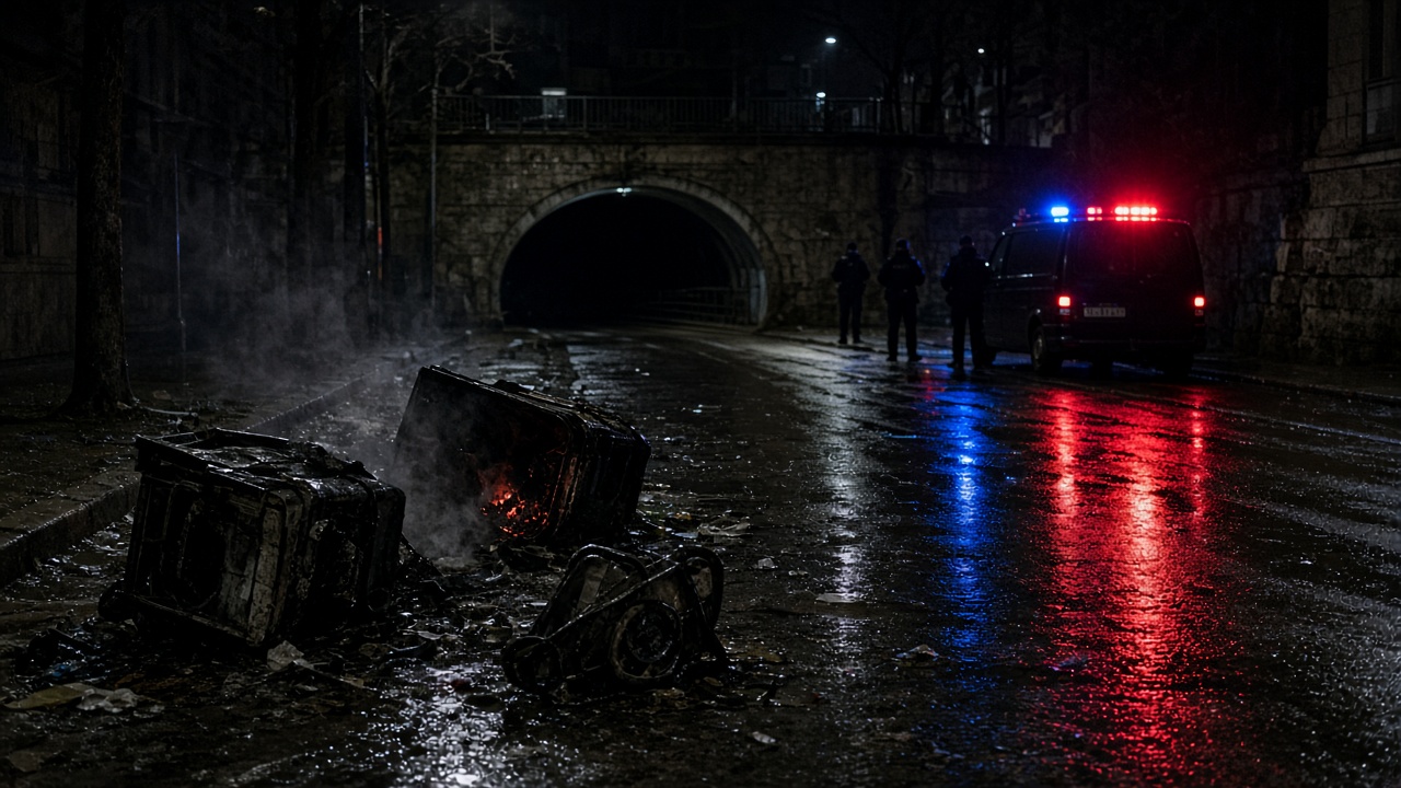 A burnt waste container on a wet Zurich street at night with police vehicle lights in the background