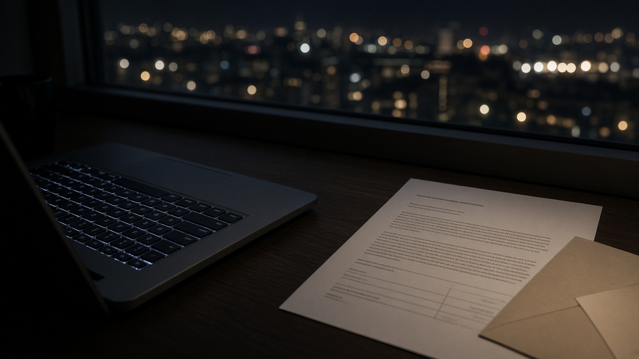 A laptop glowing at night beside a pension statement, with city lights through the window