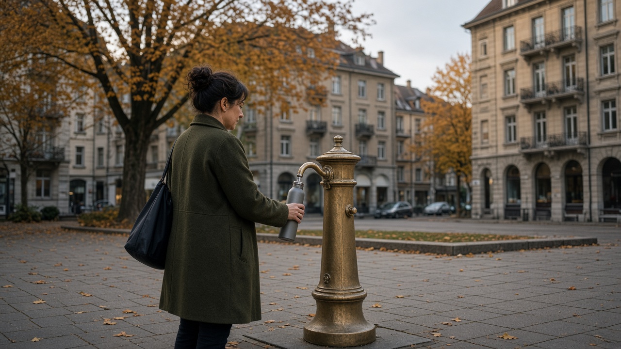 A resident filling a bottle at a spring-fed emergency water fountain in Zurich