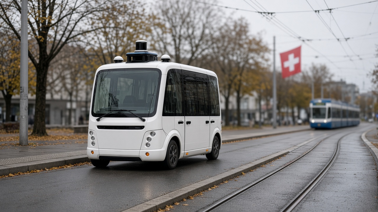 A white self-driving shuttle with roof sensors at a Zurich tram stop