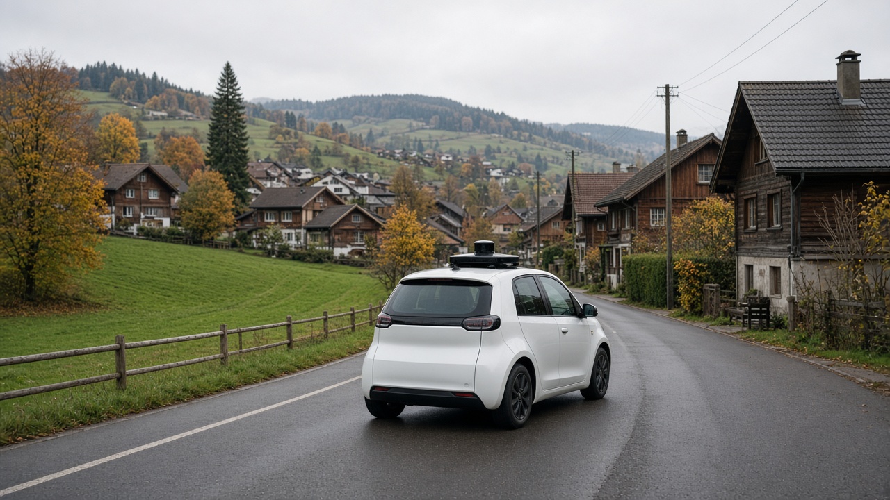 A self-driving car on a village road in the Furttal valley